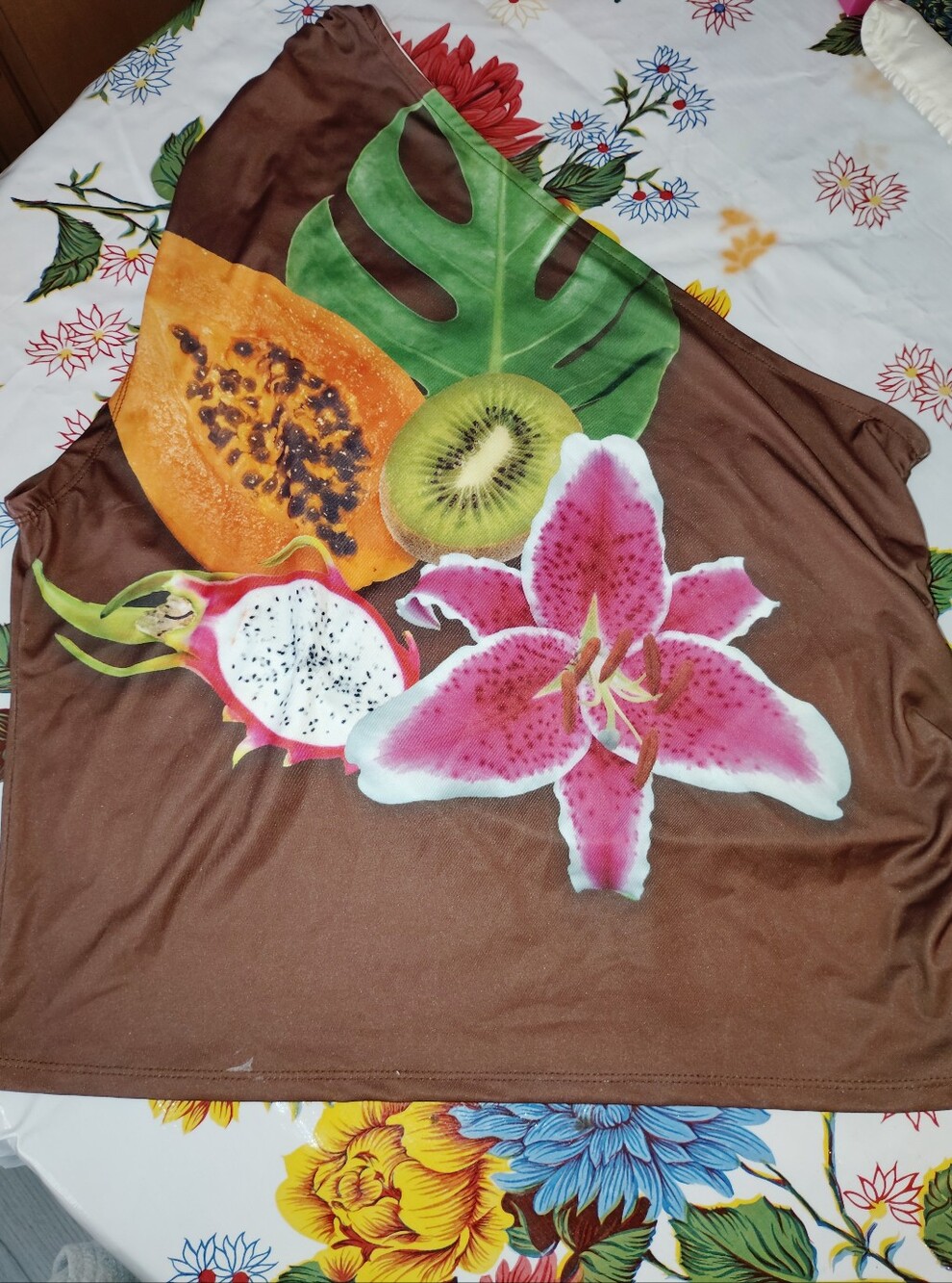 Tropical Floral One-Shoulder Top - Brown with Fruit Print XXL Kimchi Blue Nwot